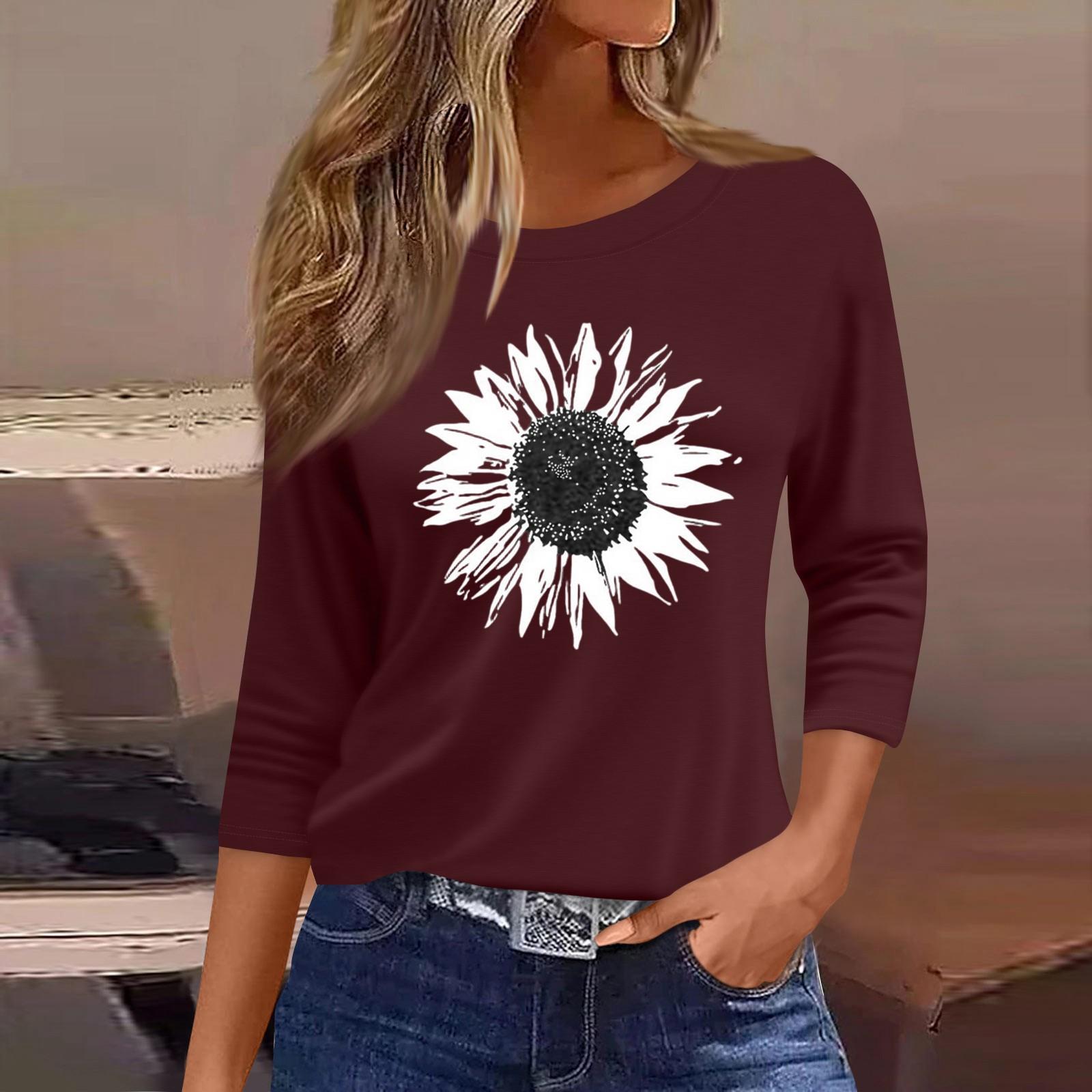 

Women s Fashion Casual Round Neck 3/4 Sleeve Loose Printed T-Shirt Ladies Top M винний