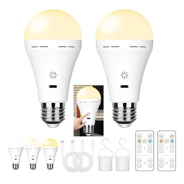 Rechargeable E26 Light Bulb with Remote Control and Three-Color Dimming for Wall and Table Lamps, No Power Source Required.