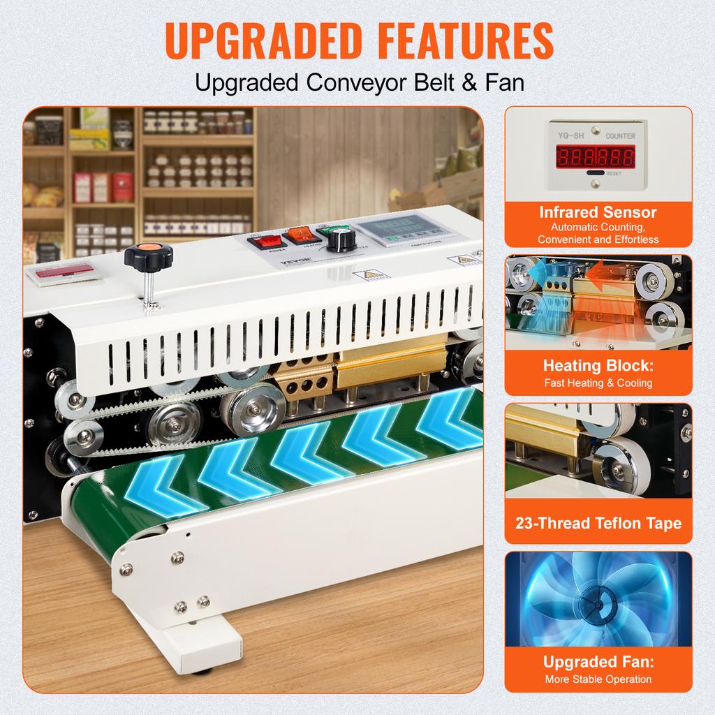 SucceBuy Automatic Horizontal Band Sealer Continuous Bag Band Sealing Machine with Count Function for 0.02-0.8 mm Plastic Bags