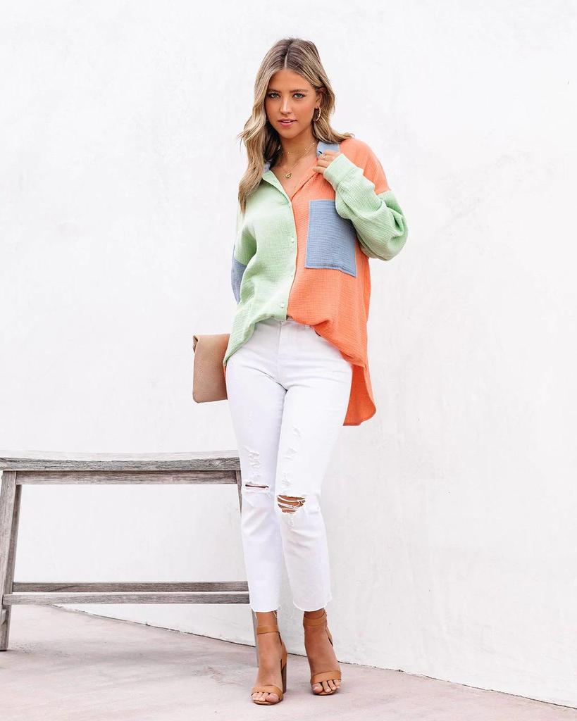 European & American Style Women's Color Block Patchwork Drop Shoulder Long Sleeve Shirt