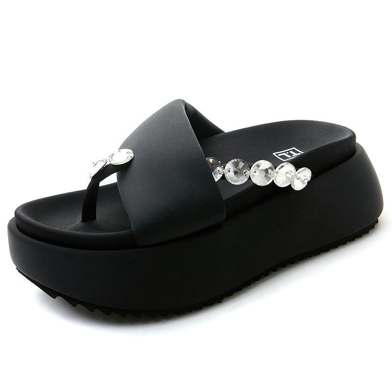 Women's Shoes 2025 Summer New Rhinestone Pinch Cold Slippers Outside Casual Muffin Thick Sole Heightening Round Head Beach Shoes