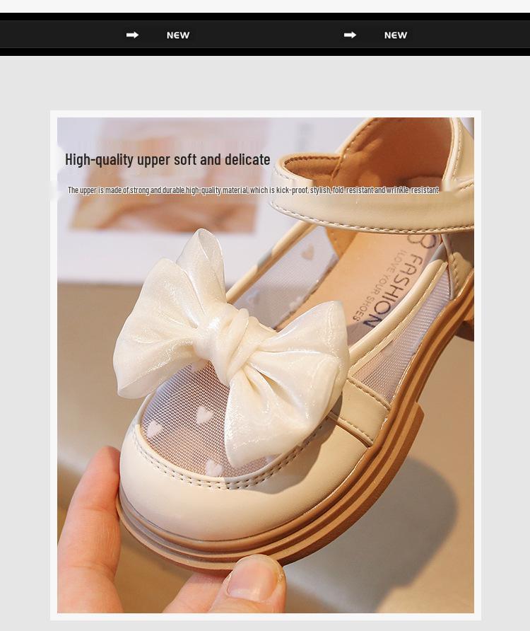 Spring 2025 Girls' Bow Princess Leather Shoes, Breathable Mesh for Ages 3-12