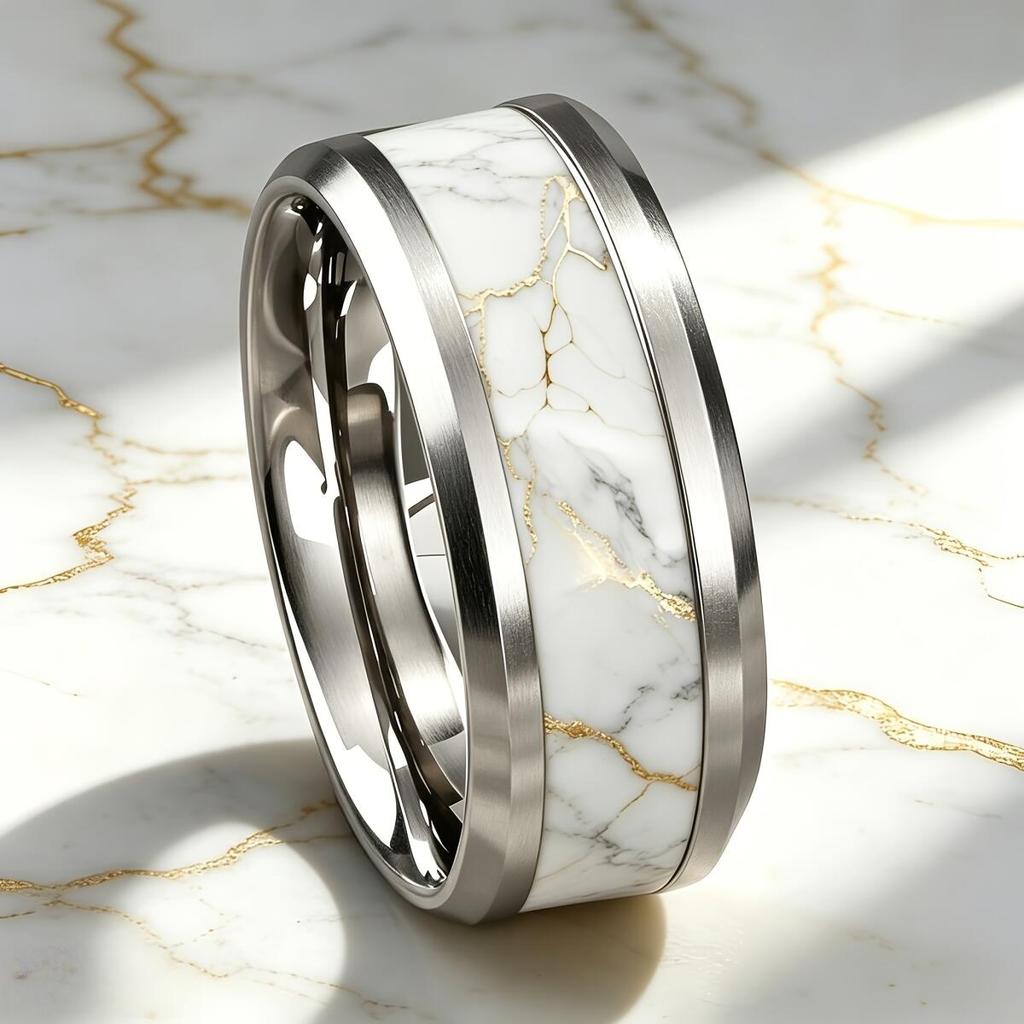 Modern Luxury White-Gray Inter-Golden Marble Texture Inlay Classic Stainless Steel Rings For Men Women Wedding Band Jewelry Gift