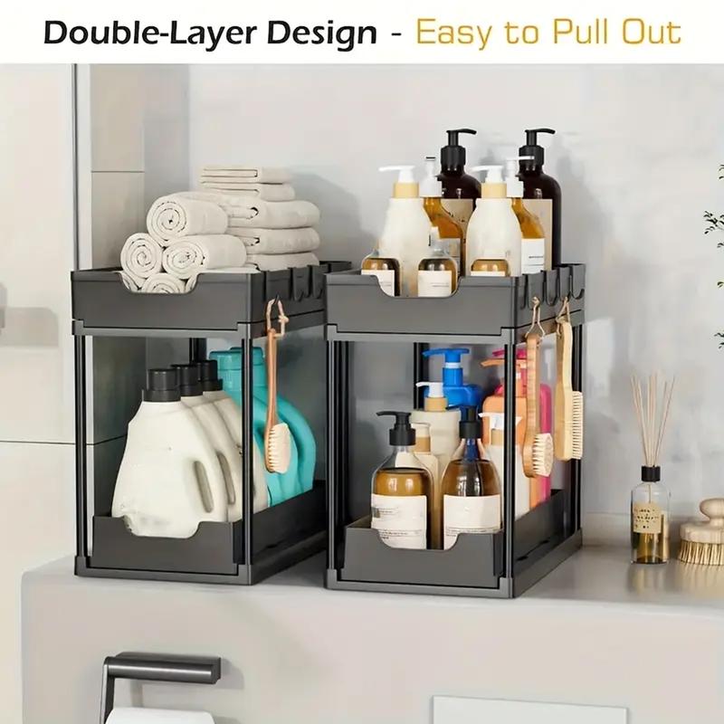 Double-Layer Pull-Out Kitchen Storage Rack, Non-Slip and Stable, Multifunctional Storage Box with Five Hooks, Under-Sink Brush Double-Layer Drawer