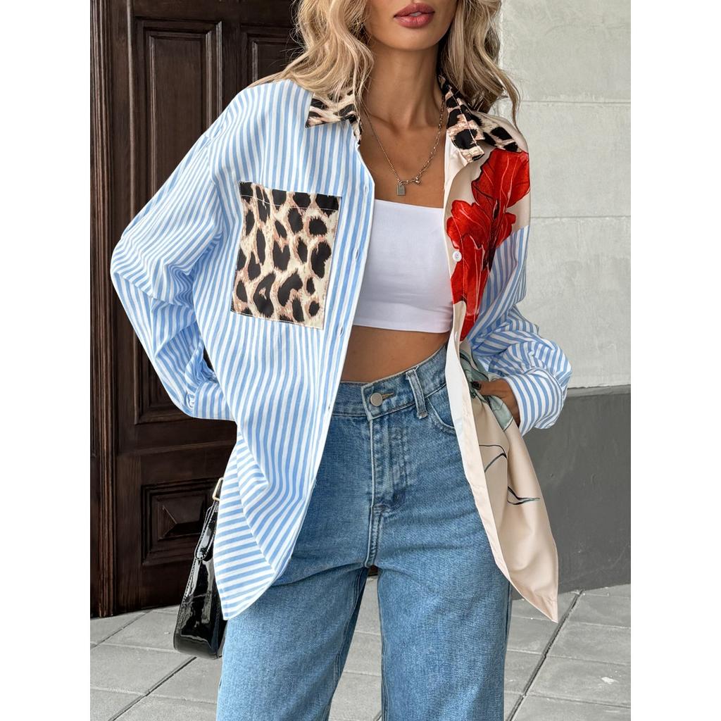 New Fall Women's Striped Patchwork Printed Shirt Casual Vacation Fashion Top