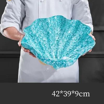 

Japanese Seafood sushi fish sashimi ice plate large big shell salmon decoration buffet restaurant Dry ice Creative plate dish