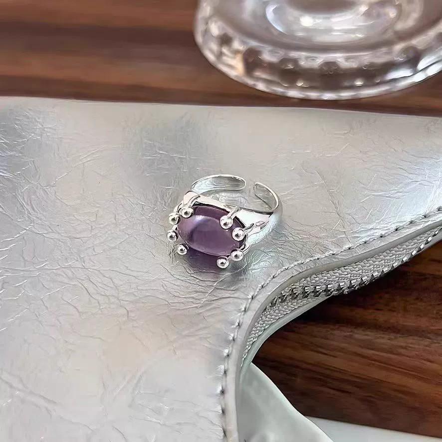 Vintage Sweet Design Colorful Opal Rings for Women Exaggerated Metal Geometric Round Gem Open Rings Aesthetic Jewelry Gift
