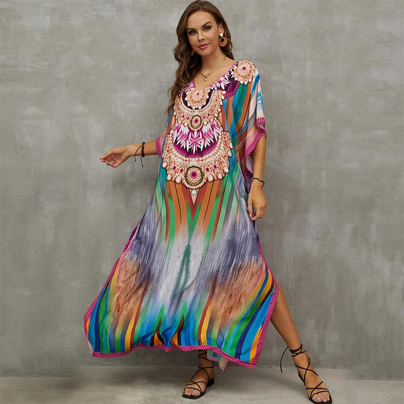 EDOLYNSA 2023 Bohémské tištěné šaty Kaftan Velké velikosti Plavky Zahalené Léto Neformální Dlouhý župan Volné Sváteční oblečení Q1464