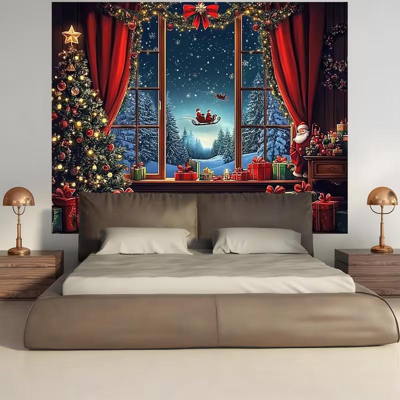 2D Winter Christmas Santa Window View Wall Tapestry Photo Backdrop 47.2x31.5inch/120*80cm