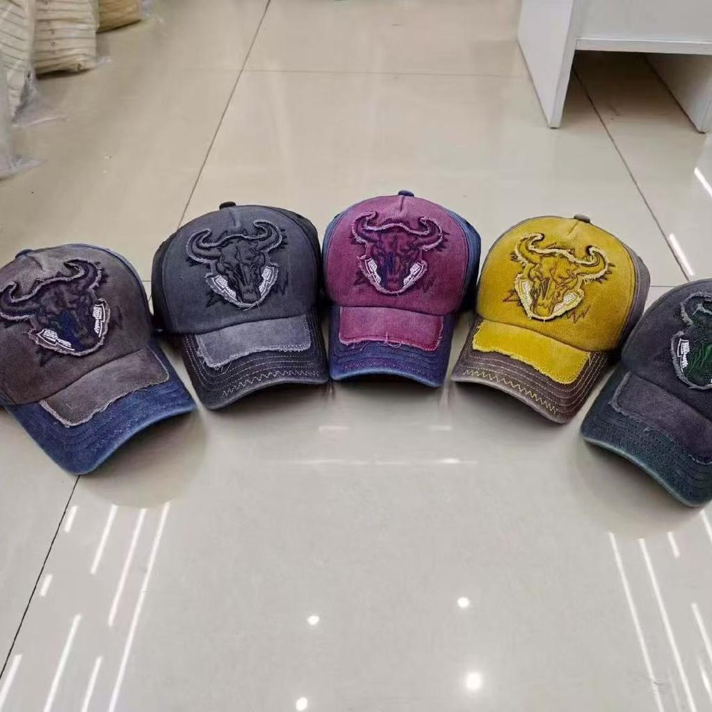 Pure cotton washed coating baseball hat cow head embroidered flower hat word sunshade duck tongue trendy and versatile