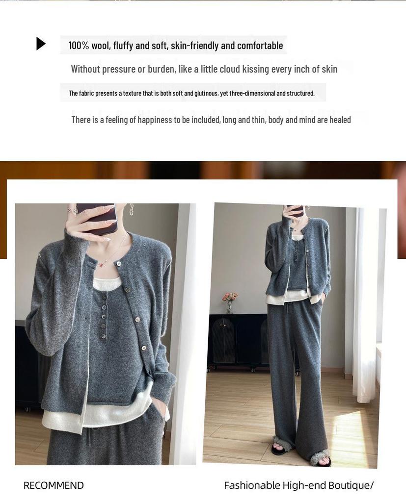 Women's 100% Wool Cardigan: Autumn-Winter Knit Jacket, Loose Fit, Long Sleeve, Versatile Outerwear.