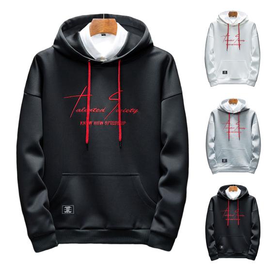 Men Autumn Hoodie Solid Color Letter Pattern Hooded Hat Long Sleeves Loose Streetwear Elastic Cuff Warm Winter Hoodie Men Clothes