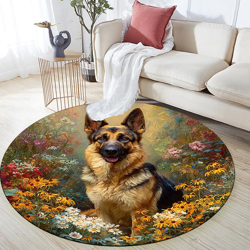 German Shepherd Round Area Rug,Carpet Rug for Living Room Bedroom Sofa Playroom Decor,Non-slip Floor Mat