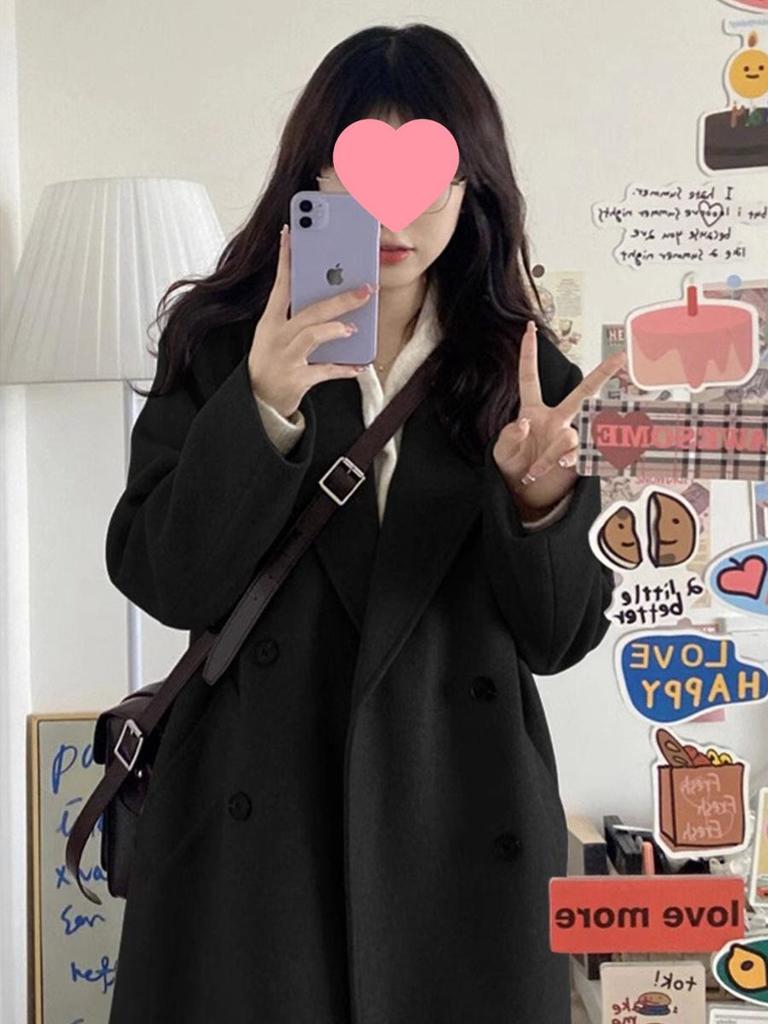 Korean Style Black Woolen Mid-Length Coat for Petite Women - 2025 Winter Edition