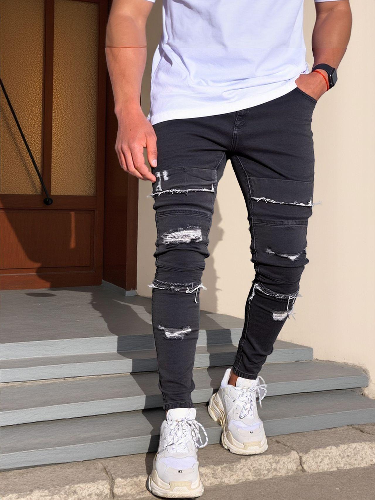 New Cut And Patched Men S Jeans Slim-Fitting Elastic Denim Stacked Pants Men XS