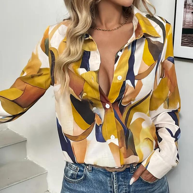 Elegante Damenbluse mit geometrischem Muster und Reverskragen zum Knöpfen – Langarmhemd aus 100 % Polyester – für alle Jahreszeiten