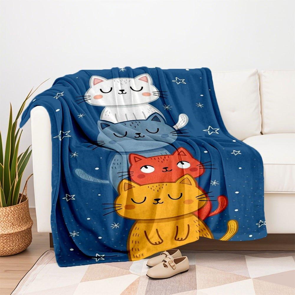 "Starry Night Cat Stack Illustration Wall Art Print"Blanket Flannel Throw Blanket for Sofa, Bed, Travel, Camping, Office, Couch, Chair, And