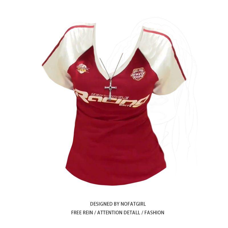 Plus size Fat Sister American Gyaru V-neck Contrast Color Print Short sleeve T-shirt Women Summer Slim fit Slimming Sports Style Top Red Top 2XL