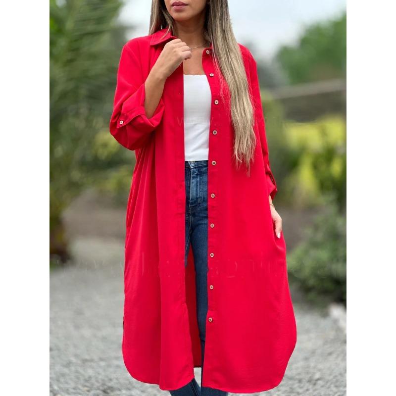 Damen Einfarbig Locker Lässig Schlitz-Tasche Langbluse Top