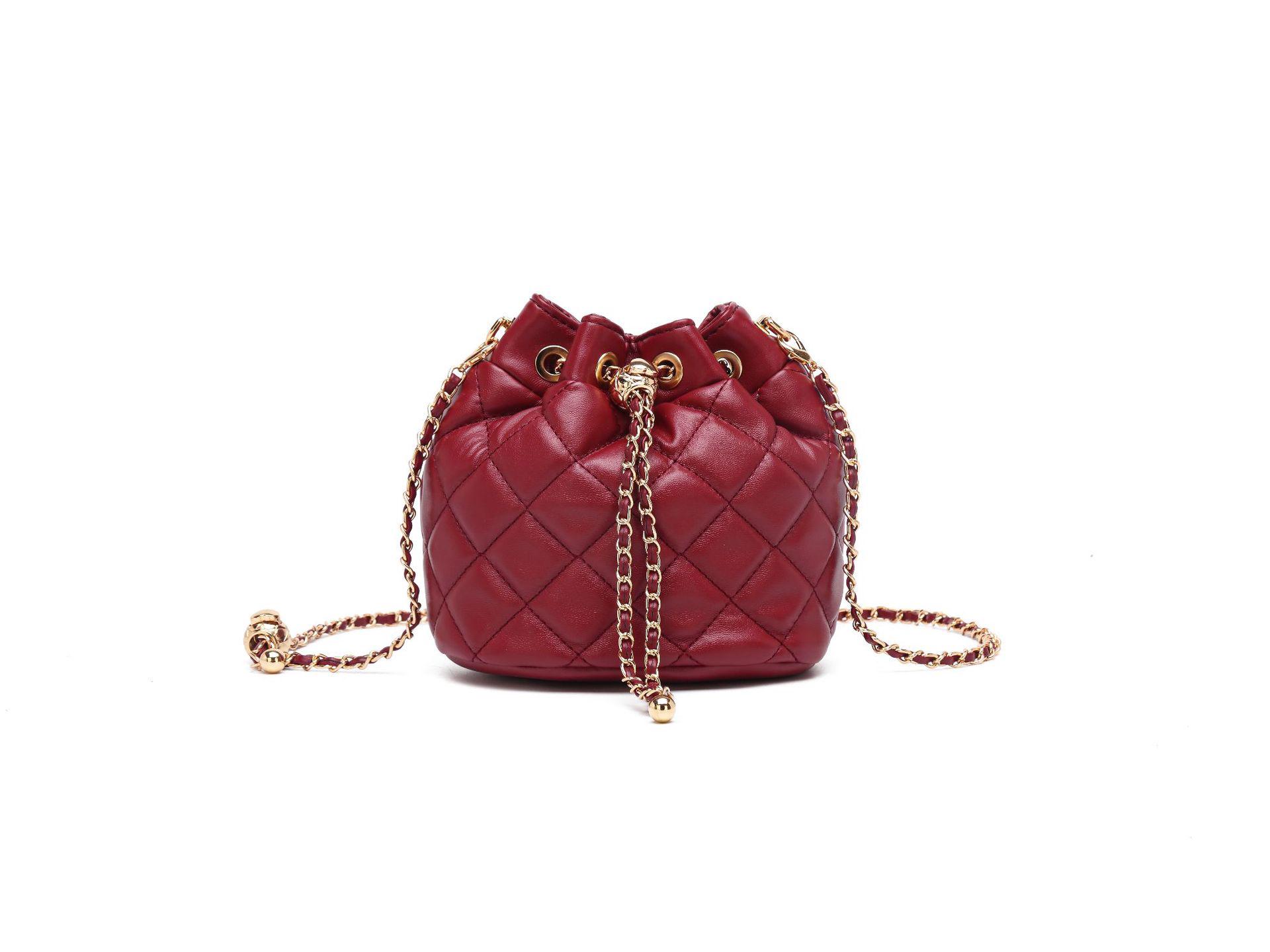 

2024 Роскошная сумка-ведро на шнурке с ромбовидным узором - Женская маленькая круглая сумка-бочонок через плечо вино красного