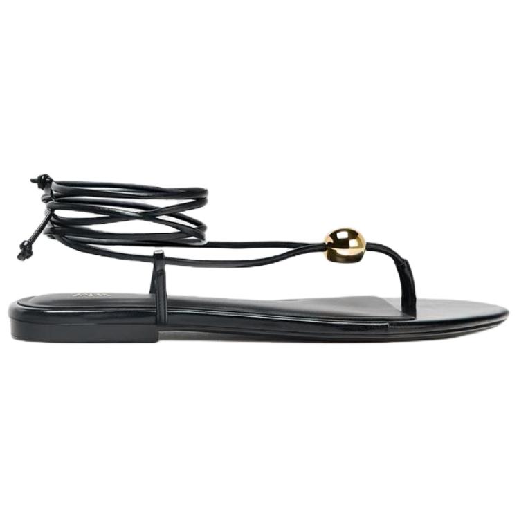 Zara Pu Fashionable Comfortable Metallic Embellished Flat One Strap Sandals 1Cm Women Sandals Black 3614510800