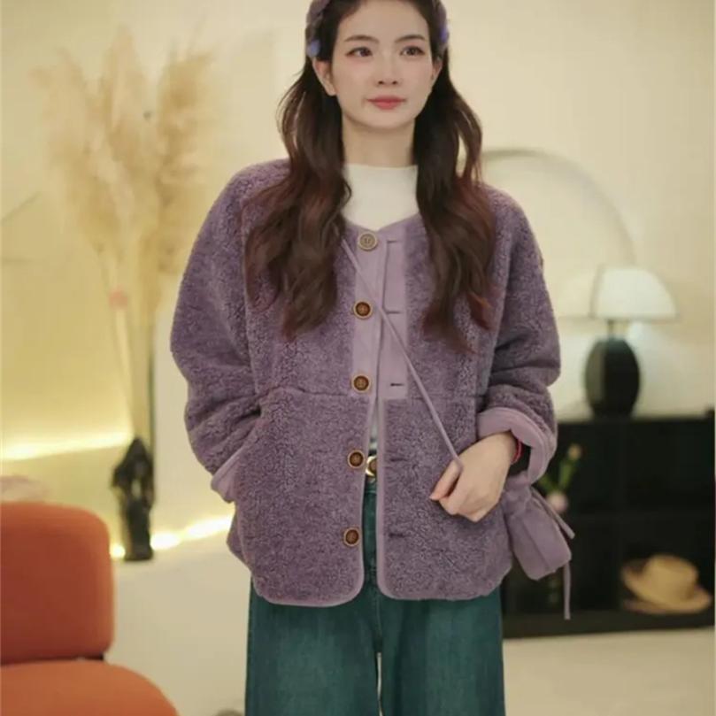 

Утолщенное теплое пальто из овечьей шерсти женское 2025 осень и зима темпераментный универсальный флисовый кардиган шерстяной топ M фиолетовый