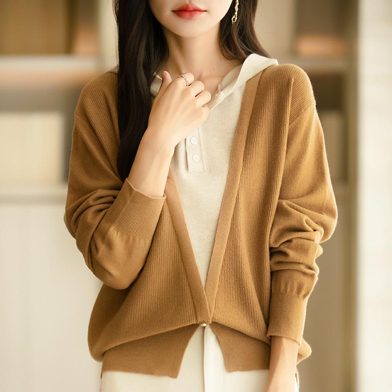 

Вязаный свитер женский модный пуловер с капюшоном в стиле пэчворк с капюшоном, контрастный верх и низ, свитер весна-осень XXL золотой/верблюд