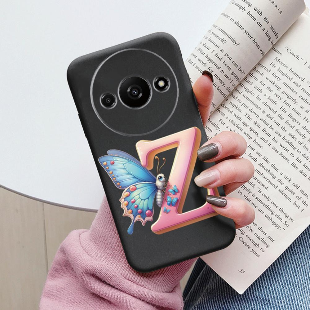 Handyhülle für Xiaomi Redmi A3 4G A3x Rosa Buchstabe Blume Schmetterling Stoßfest Weiches Silikon Cover Kameraschutz TPU Fundas