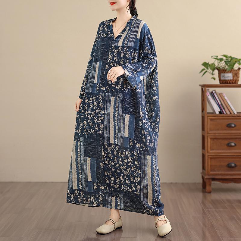 DIMANAF Spring Summer New 2026 Women Plus Size Long Dress Loose Basic Vintage Oversize Long Sleeve Maxi Floral