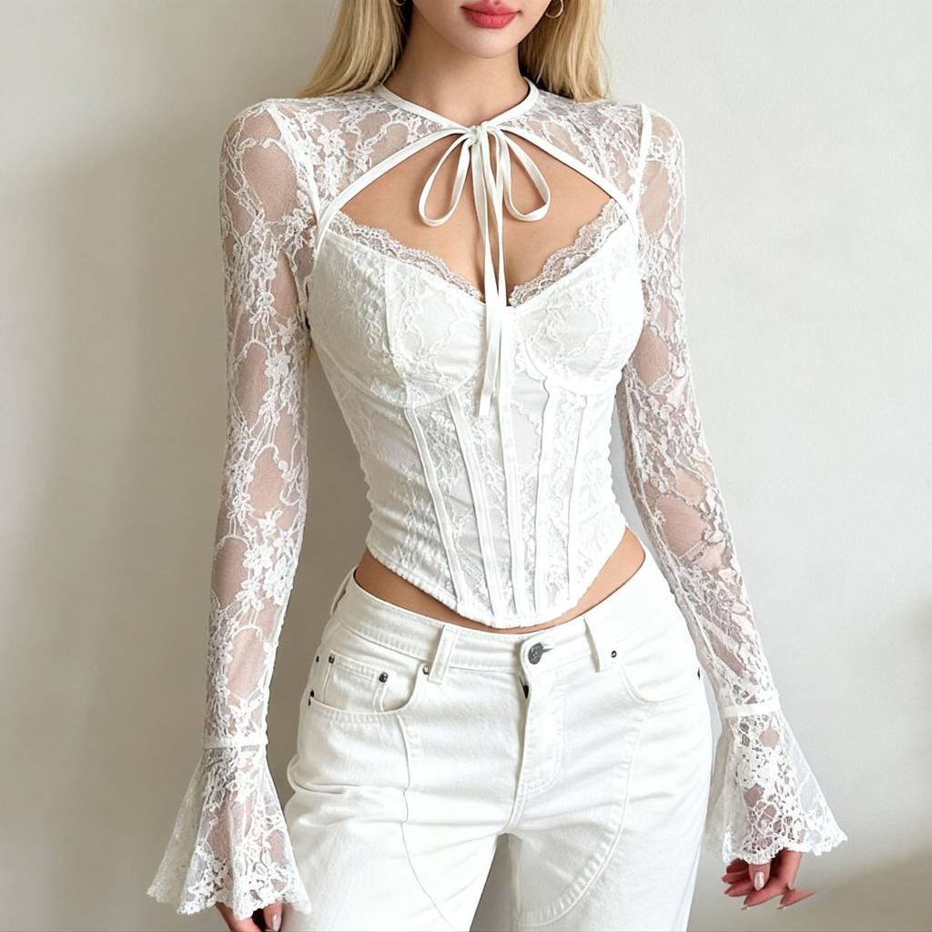 Mesh Long Sleeve Slim Fit Cropped Top Sheer See Through Midriff Lace Blouse with Tie Neck and Flared Cuffs for Women