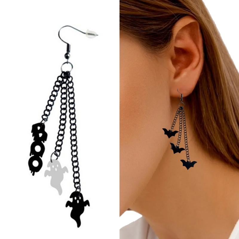 Skull Black Chain Earrings Halloween Ear Drop Earrings Stud Halloween Costume Accessories Hip Hop Ear Piercing Jewelry
