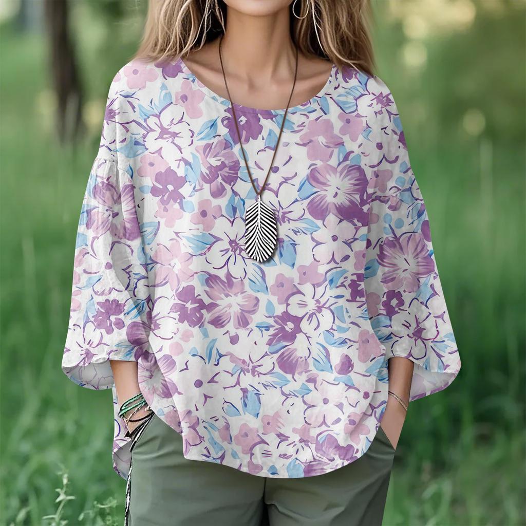 Summer Tops For Women Cute O Neck 3/4 Sleeve Blouses Floral Print Top Casual Shirts