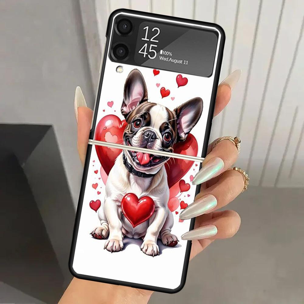 Lovely Puppy Heart Dogs Hard PC Phone Case For Samsung Galaxy Z Flip 7 6 5 4 3 Black ZFlip7 ZFlip6 Flip5 Flip4 Flip3 5G Print Co