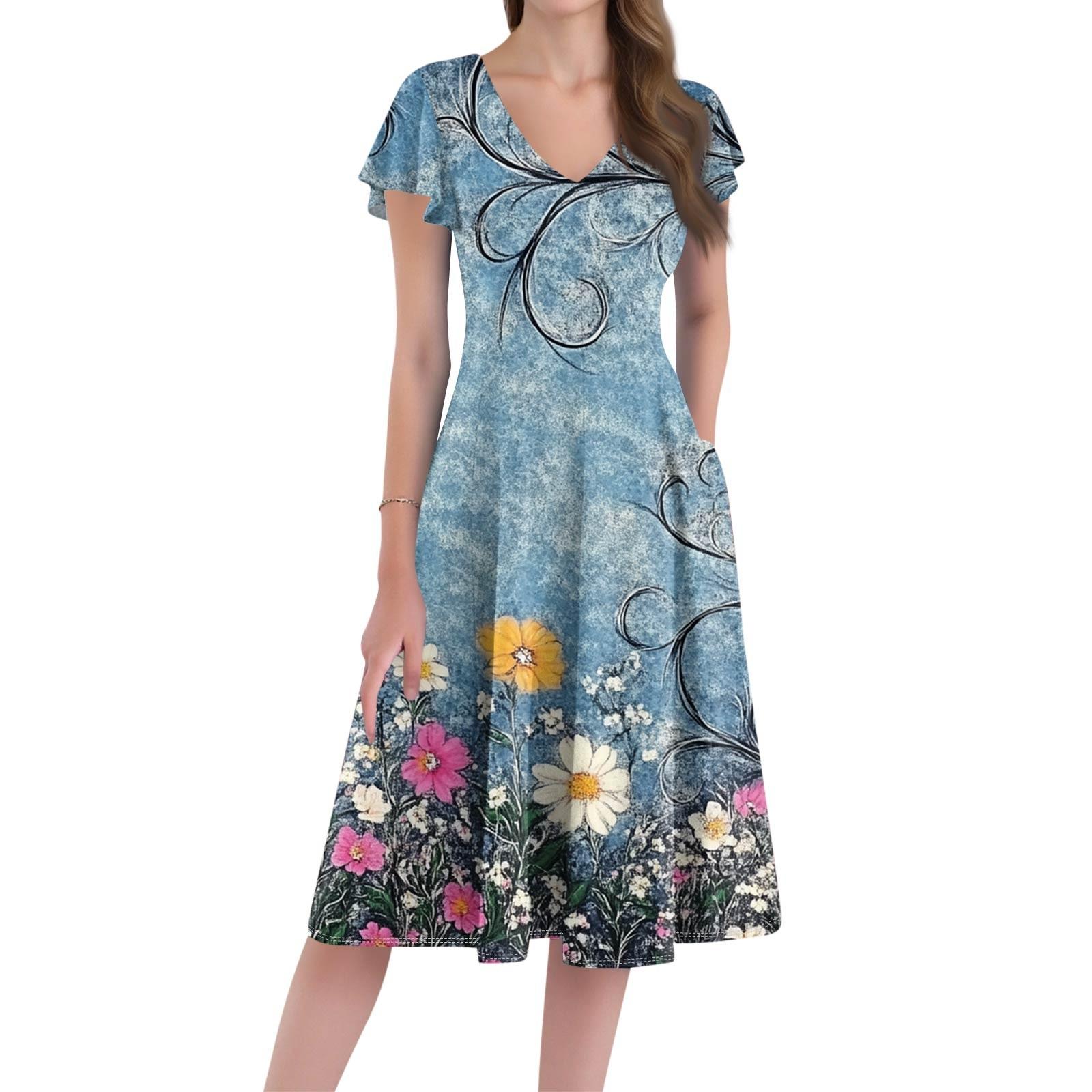 

Жіноча вільна повсякденна та модна сукня міді з V-подібним вирізом та коротким рукавом з принтом XL