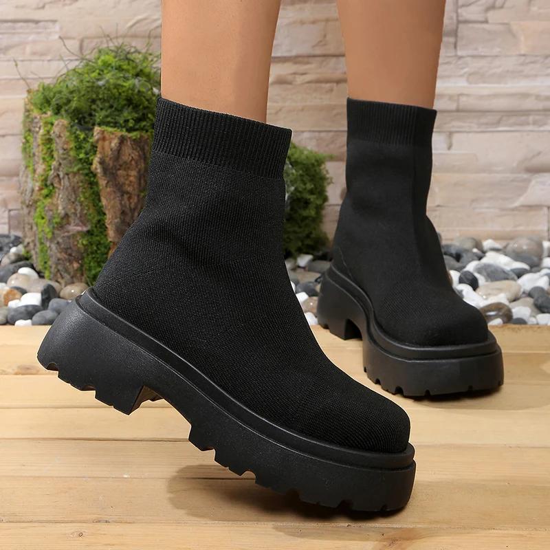 2024 Knitted Chunky Platform Ankle Boots Women Comfort Round Toe Thick Sole Sock Shoes Woman Slip On Stretchy Short Boots Female