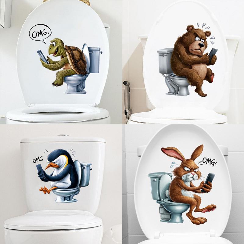 Funny Turtle, Penguin, Rabbit, Bear, Raccoon Animal Toilet Stickers, Bathroom Toilet Seat Stickers, Wall Stickers
