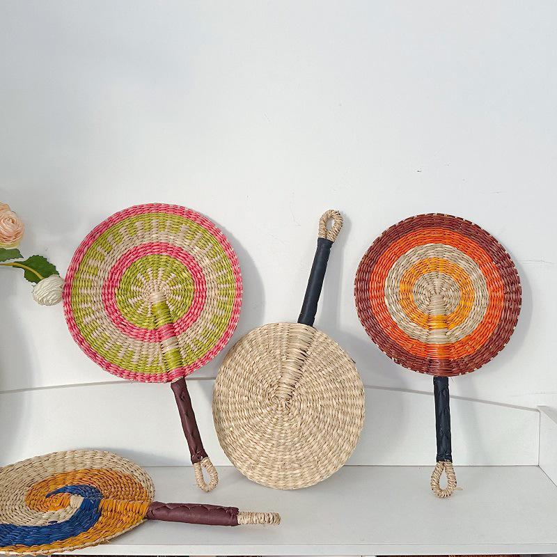 Colorful Striped Patterns Seagrass Woven Fan Vintage Anti-Mosquito Hand Braided Fan Natural Portable Cattail Fan School/Office