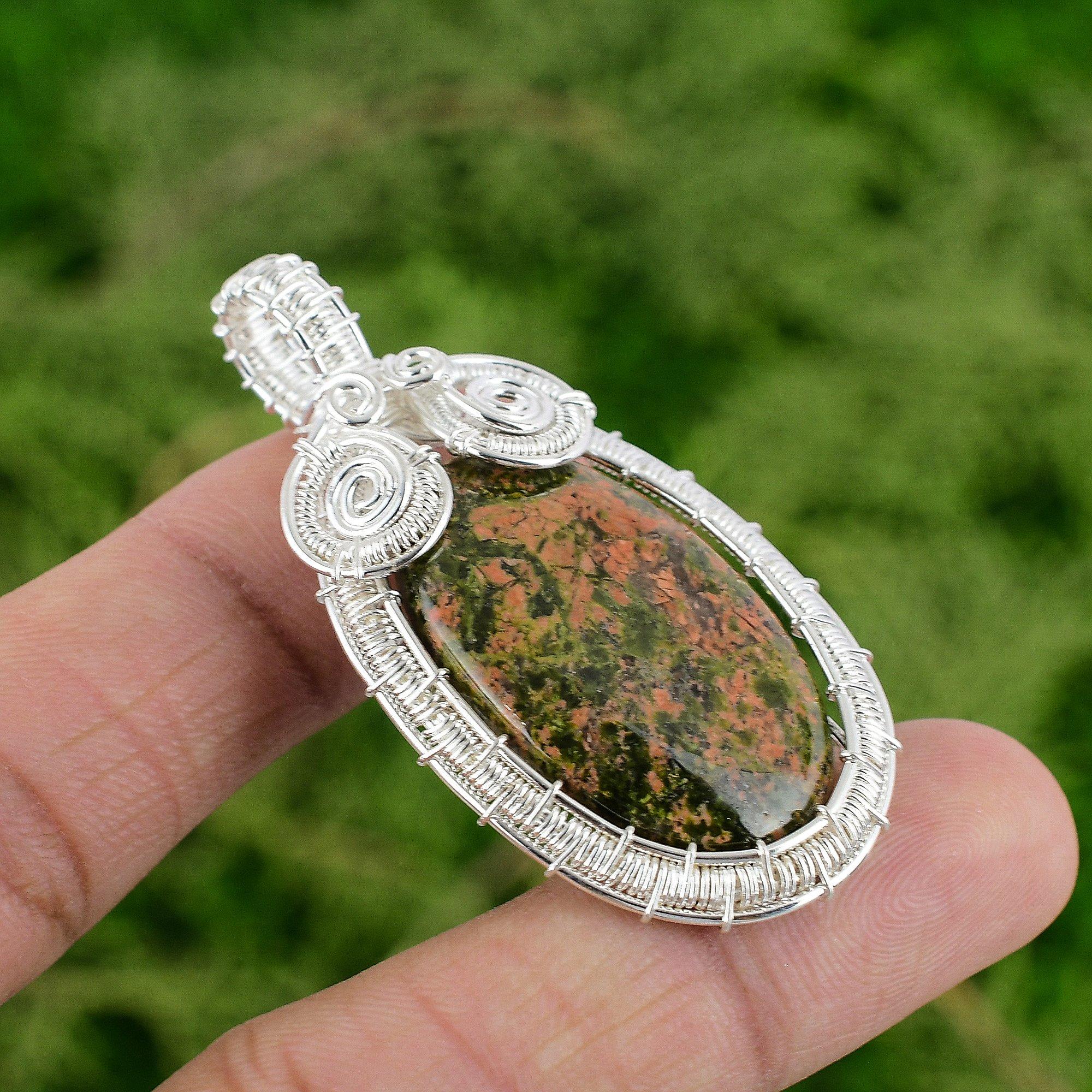

Sterling Silver Unakite Stone Bezel Wire Wrap Art Deco Sister Pendant Jewelry