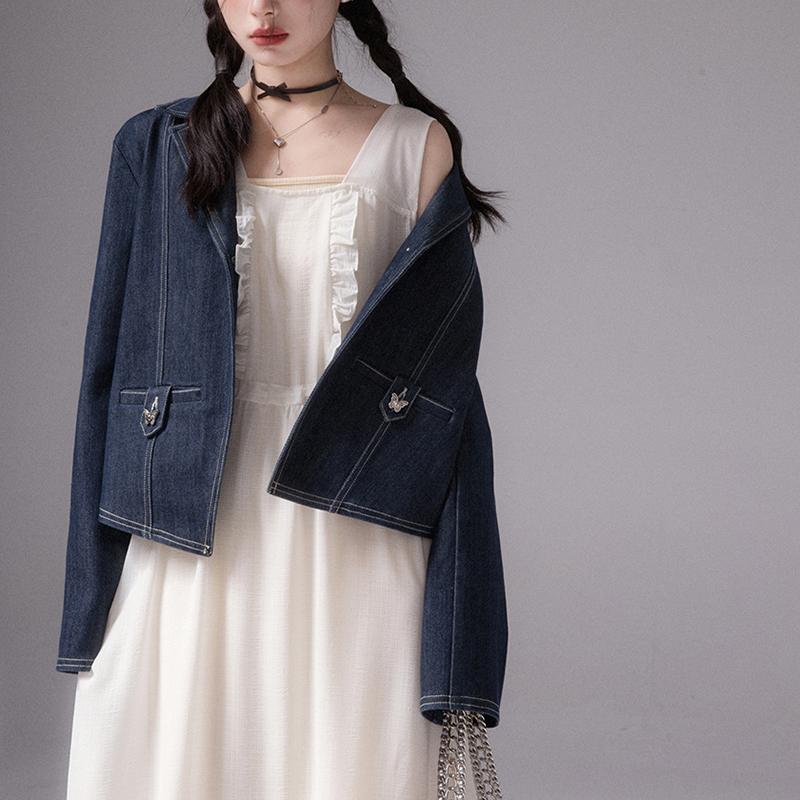 Spring and Autumn Jacket Lines Decorated Blue Denim Jacket Female Spring and Autumn Tops