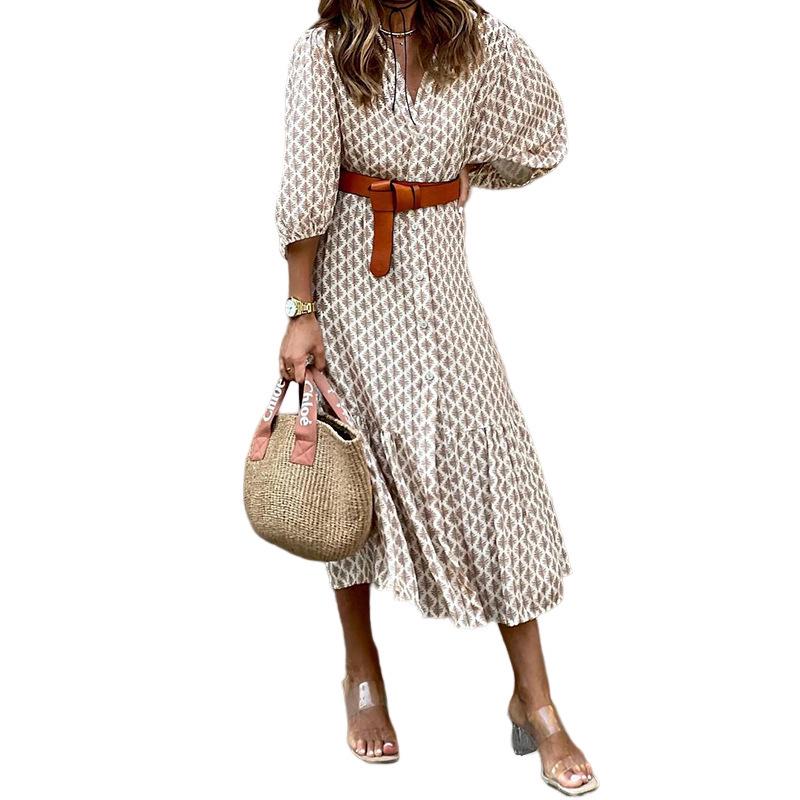 In Stock: 2025 Autumn/Winter V-neck Belted Print Long Dress