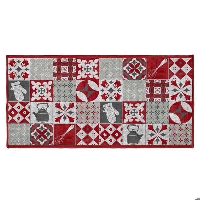 Tapis de cuisine - EDEN - 50 x 120 cm - Motif patchwork - Antidérapant - Rouge