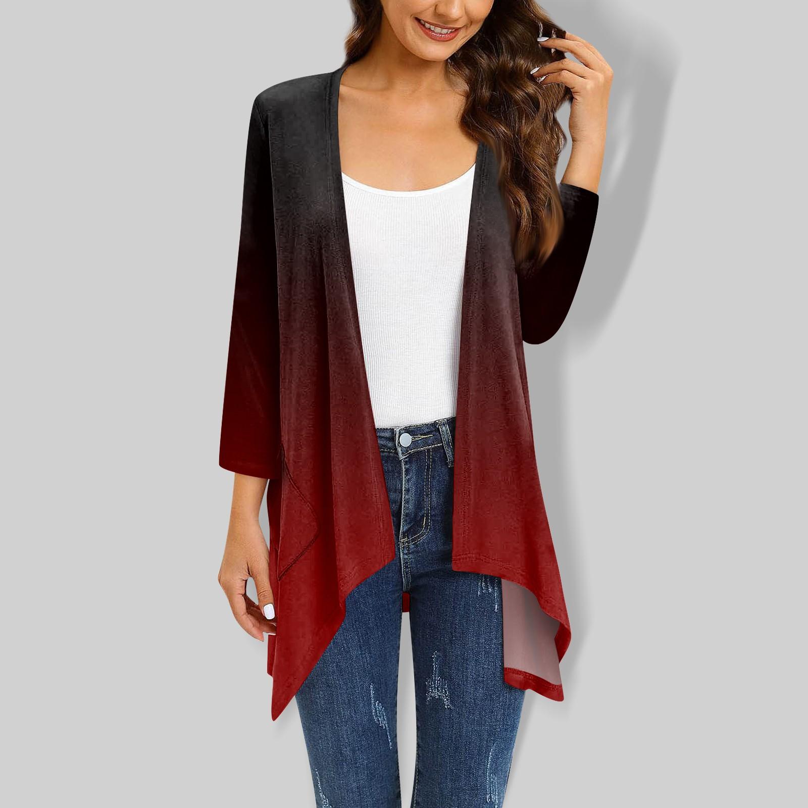 

Жіночий кардиган з нестандартним рукавом три чверті з градієнтним принтом і піджаком з кишенею XXXXL винний