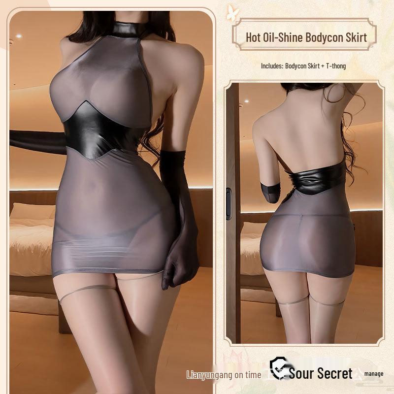 Nighttime Fun: Sexy Patent Leather See-Through Bodycon Skirt Set for Women