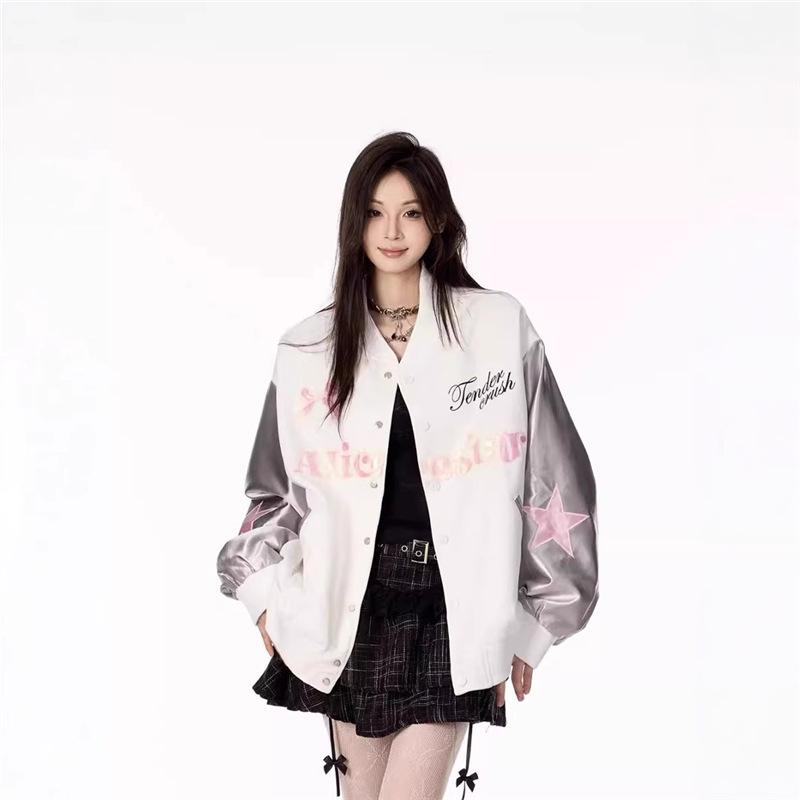 

Color Block Bow Embroidery Baseball Jacket - Sweet & Cool Korean Style for Women 2XL білий