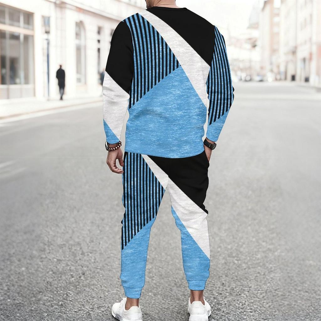 Men Retro Mosaic Hexagon Marble Texture Print Long Sleeve Sweatshirt Jogger Pants Two Piece Suit