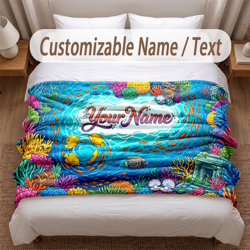 Fish Ocean Theme Soft Blanket Personalized Custom Name Text Print Warm Blanket Home Sofa Bedroom Decor
