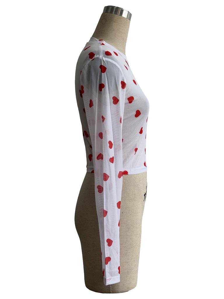 Spring Special Mesh Print Heart Round Neck Long Sleeve T Shirt Slim Flattering Women Fashion Daily Basic Casual Slim Fit Ladies Elegant Top