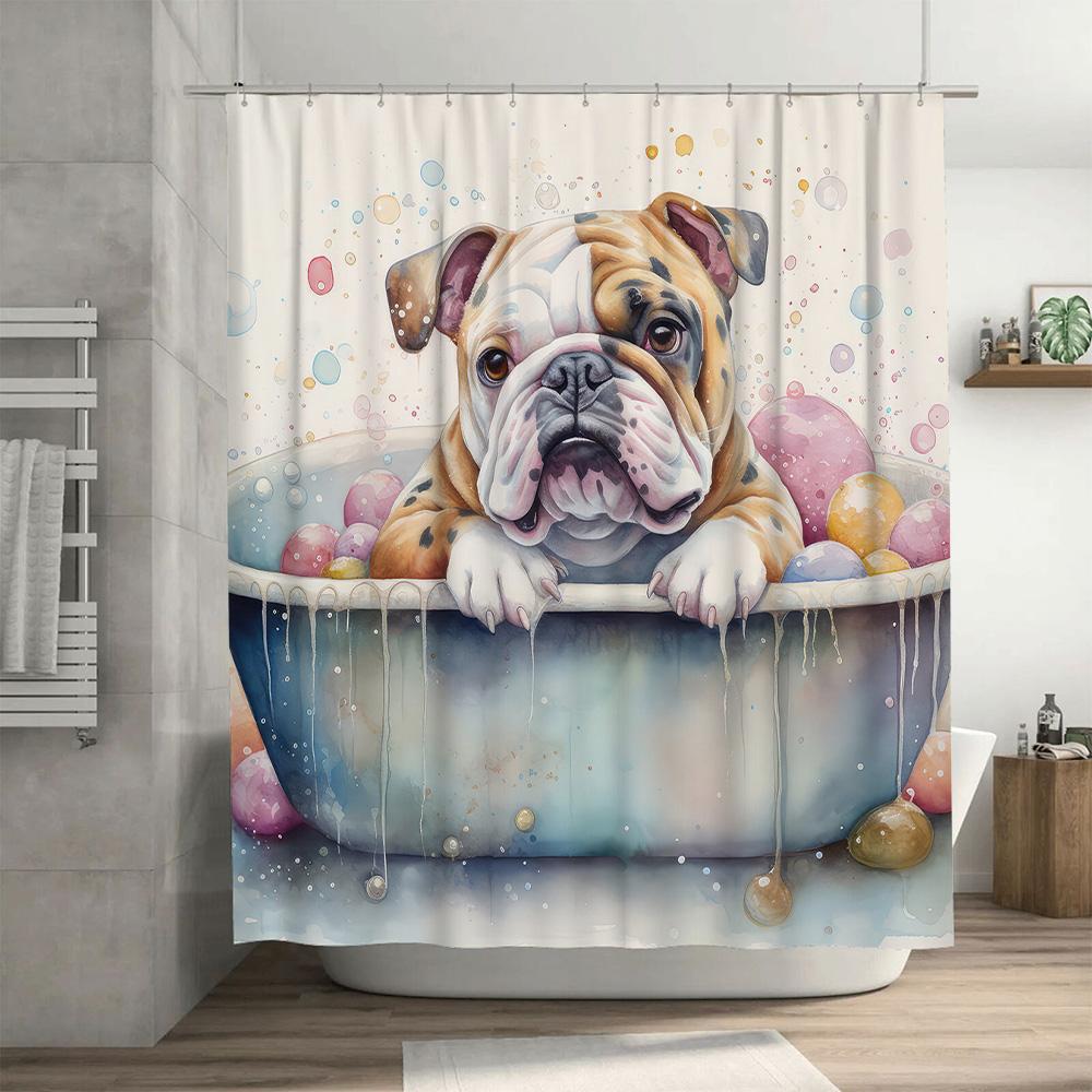 Watercolor Bulldog Bathtub Shower Curtain for Pet Lovers Home Decor Bath Mat Multi Colors Available