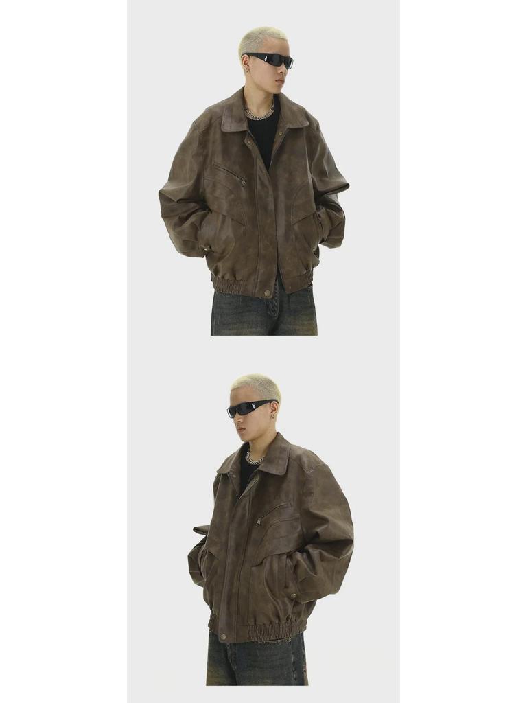 Men's Trendy Retro Brown Distressed Leather Jacket - Cool Design, Casual Lapel, Perfect for Couples