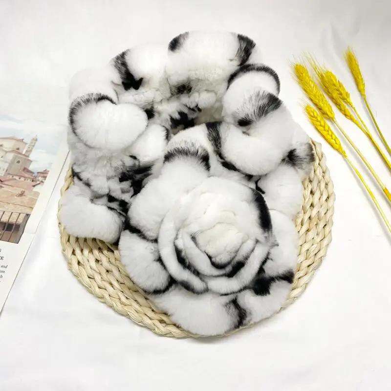 Natural Rabbit Fur Scarf Women Real Rex Neckwarmer Stylish Winter Warm Fashion Female Scarves Floral Shawls 65x12cm